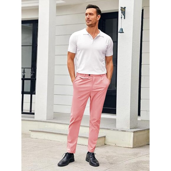 🆕 Men Pink Slim Fit Pants Flat Front Stretch Skinny Tapered Casual Trousers - Picture 4 of 6